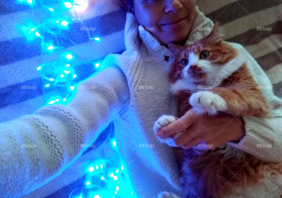 selfie girl with cat pet and Christmas lights