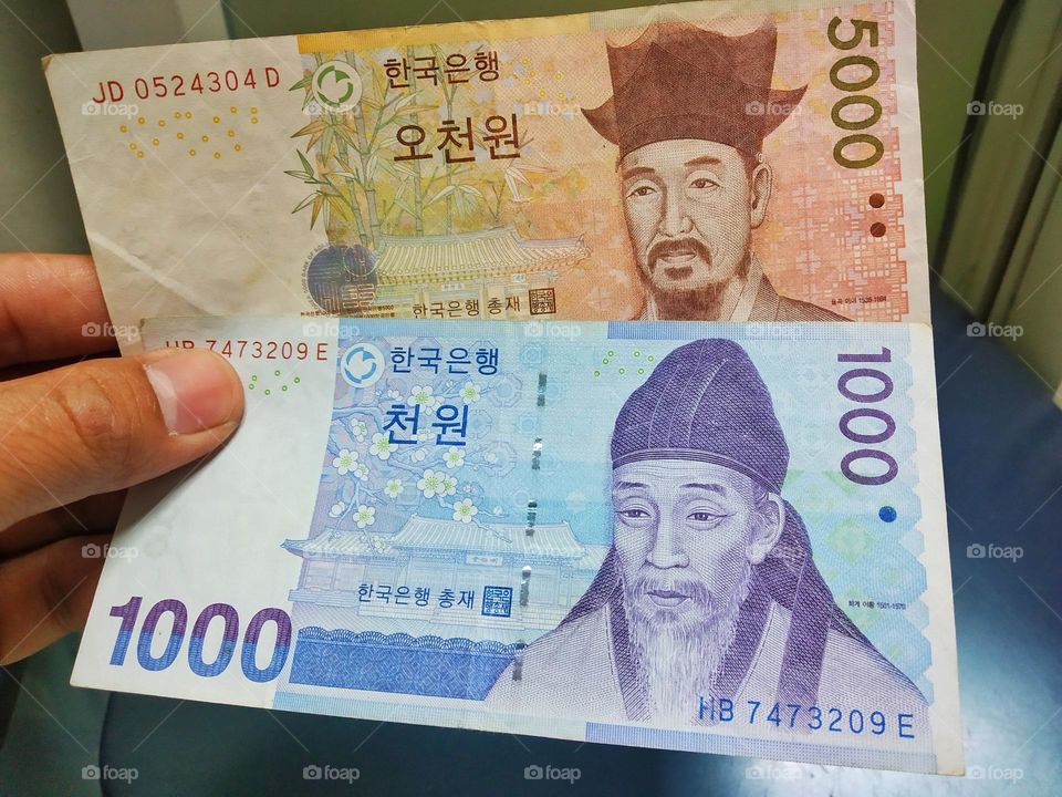 South Korean banknotes in the thousand won and five thousand won denominations
