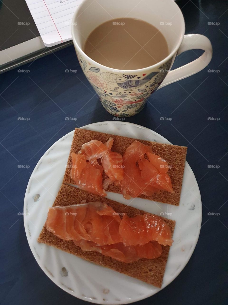 Coffee with salmon hard tackes for breakfast. Yummy!