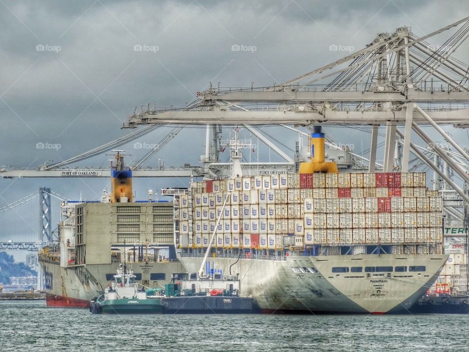 Busy Shipping Port. Massive Cargo Ships Unloading At A Seaport
