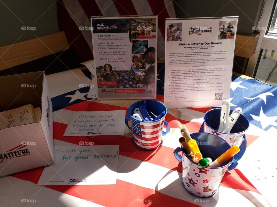 Operation gratitude set up at local coffee shop.  The USA has thousands of non profits started by everyday hardworking Americans because taking care of each other is important.