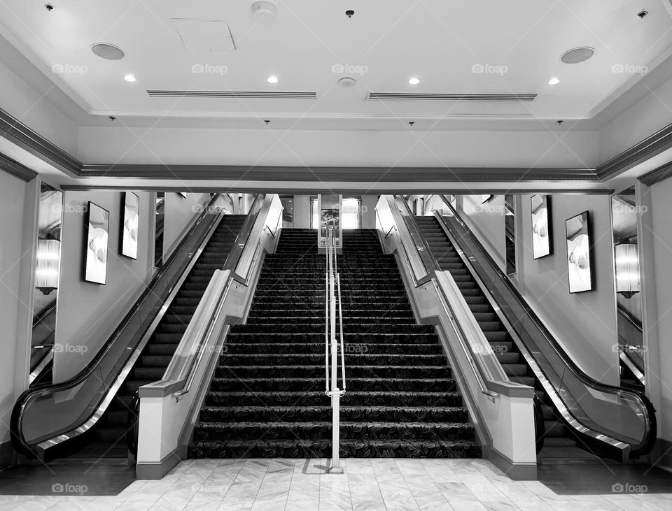 Stairs and elevator. Symmetric stairs 