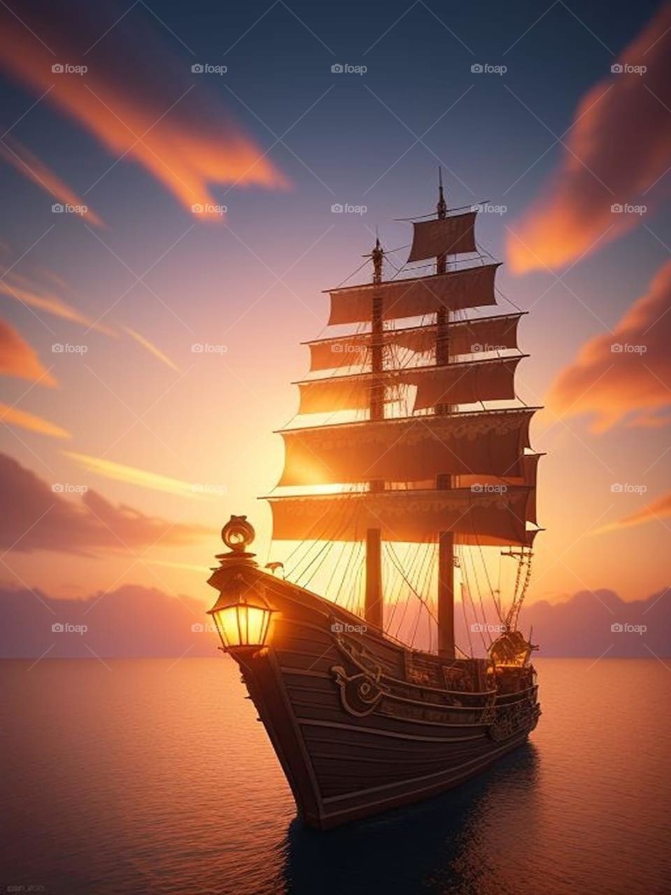 Ship with sunset view
