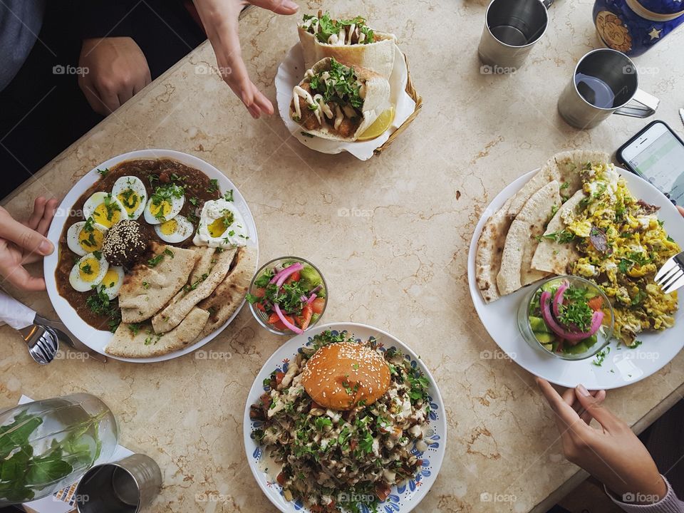 Spread of healthy, fresh food in a beautiful flay lay