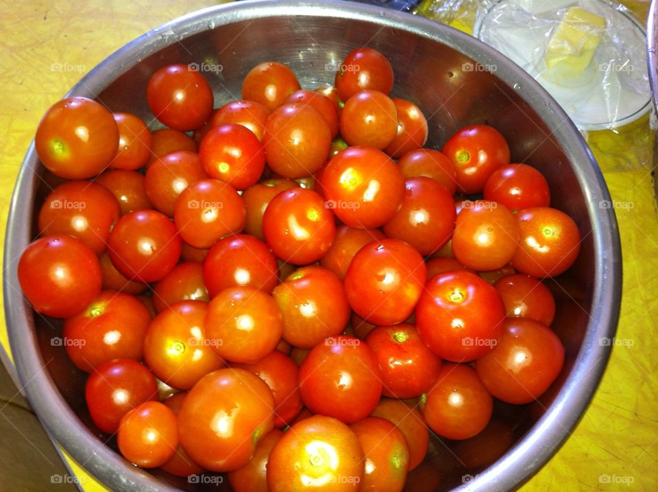 Hulled fresh picked Tom atoes. Hulled fresh picked tomatoes from the garden