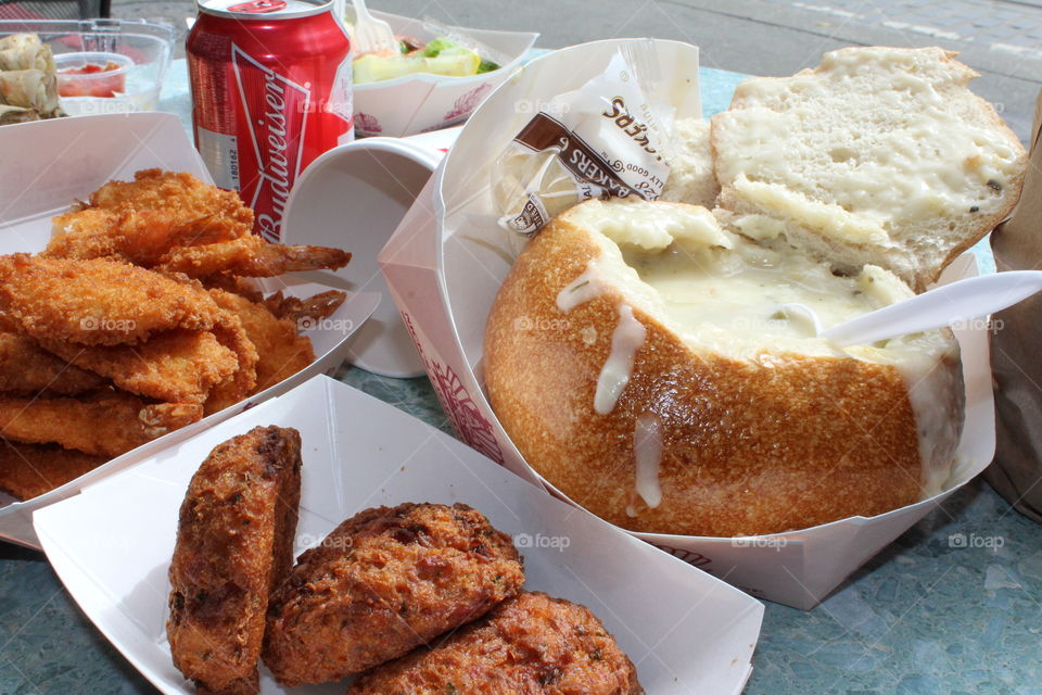 San Francisco Bay delicious Seafood , Clam Chowder Bowl, crab cakes, fried shrimp