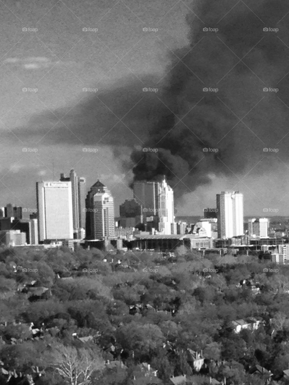 City fire. A smoke pillar over downtown Columbus 