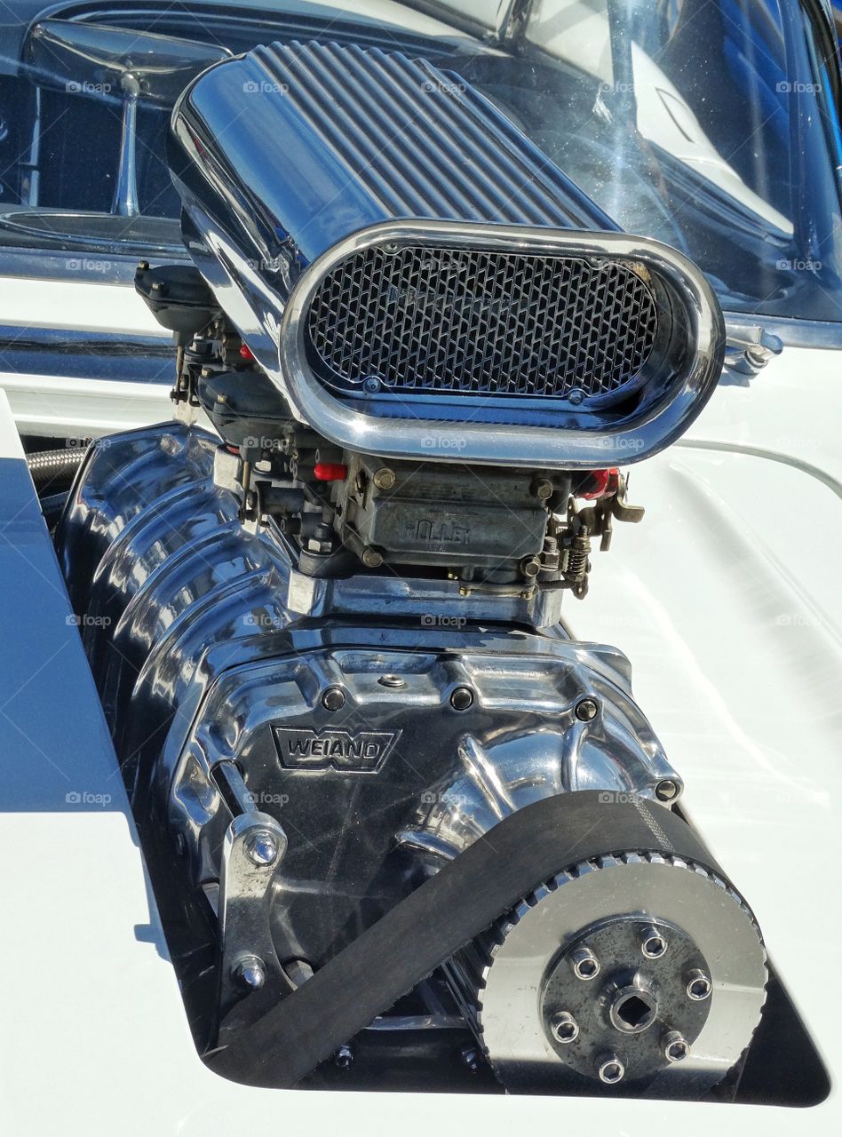 Supercharged Engine. Chrome And Gear Details In This Supercharged Hot Rod Engine
