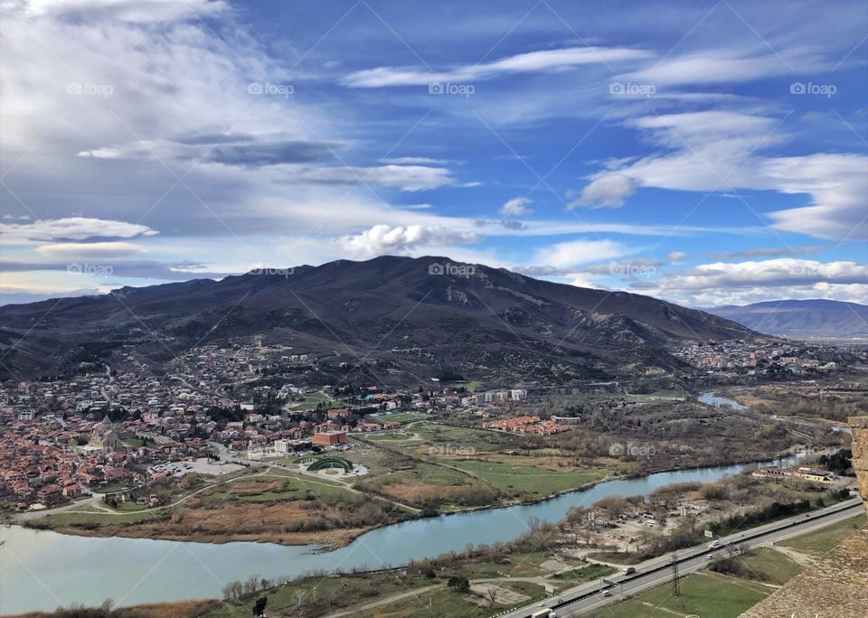 A breathtaking view from the Jvari Monastery that stands proud over the city of Mtskheta overseeing the merging of the two biggest rivers in Georgia, Mtkvari and Aragvi.