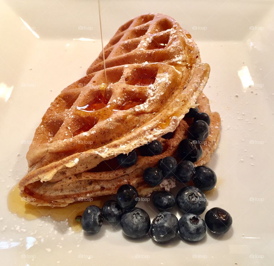 Simply Organic Delicious breakfast. Homemade Bourbon Vanilla Flaxseed Coconut Waffle, enjoyed with Blueberries & drizzled with Organic Dark Maple Syrup 