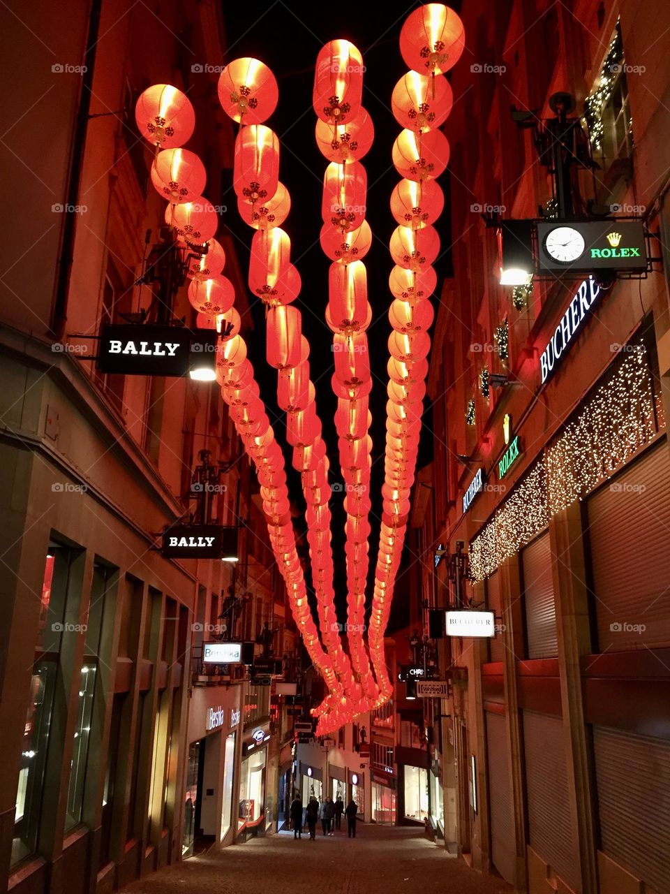 Red lantern decorations in Lausanne, Switzerland, Lausanne by night 