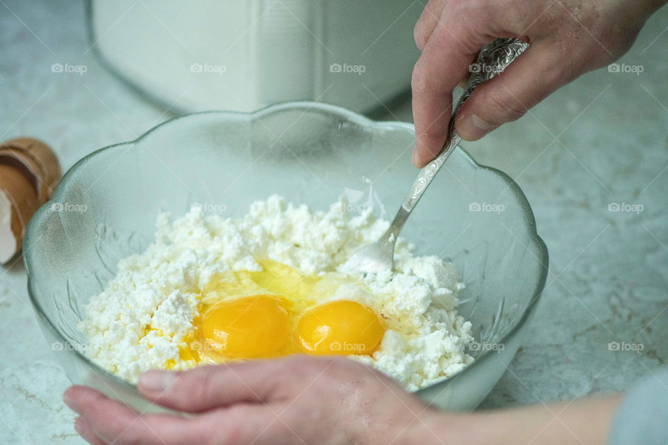 Home cooking  - cottage cheese and eggs mixture for baking