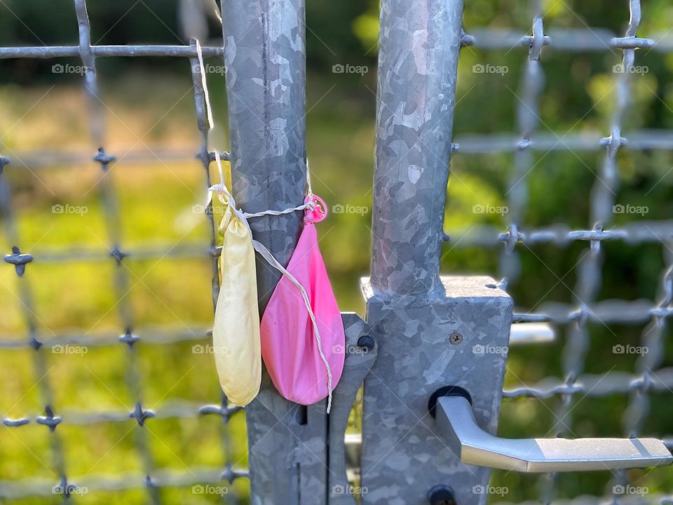 Two deflated balloons hang on a garden door