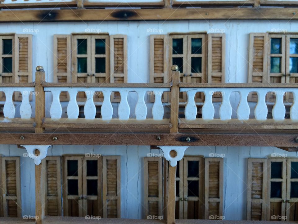 Wooden model riverboat balcony close up view