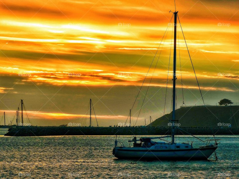 Boats At Sunset In Half Moon Bay