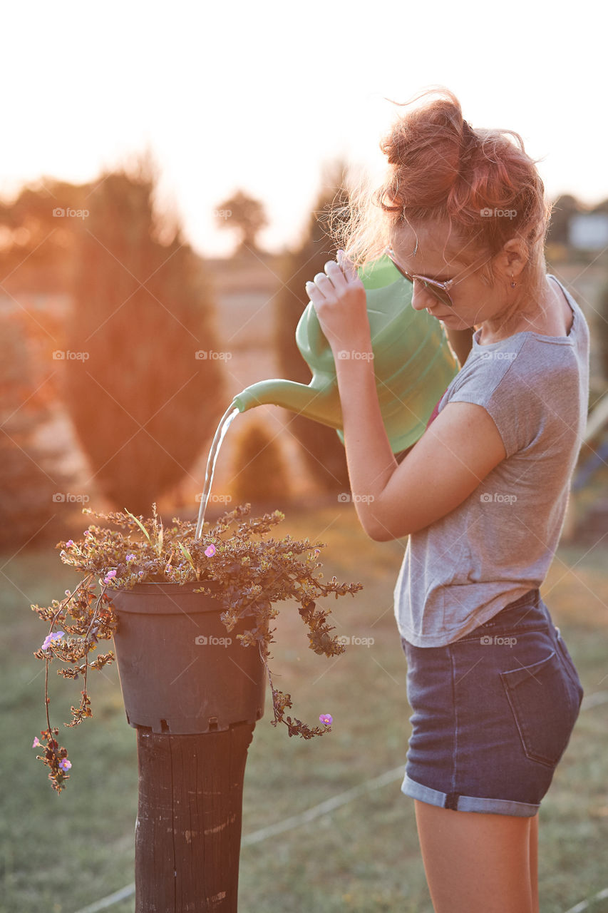 Teenage girl helping to water the flowers growing in flower pot, pouring water from green watering can, working in backyard at sunset. Candid people, real moments, authentic situations