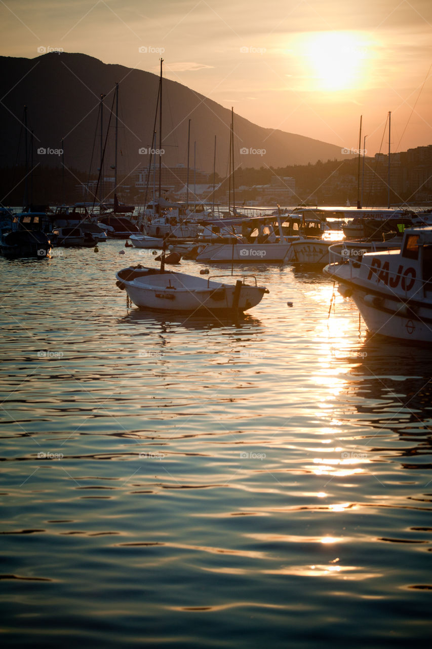 Yachts in Boko Kotor bay at Sunset. Herceg Novi, Montenegro