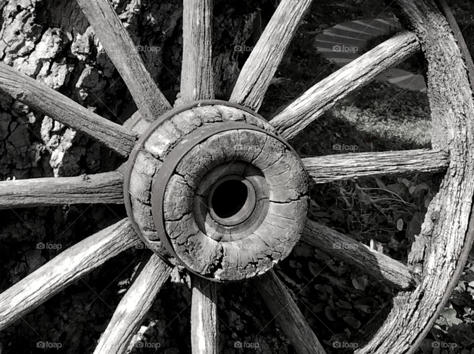 Antique wood wagon wheel. Antique wood wagon wheel study in black and white