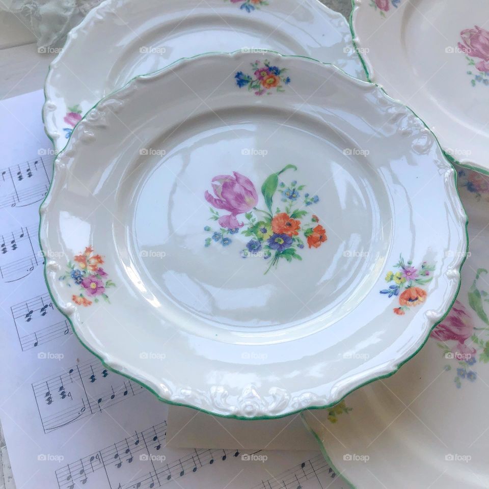 Antique white porcelain plate with floral ornament Meissen bouquet 