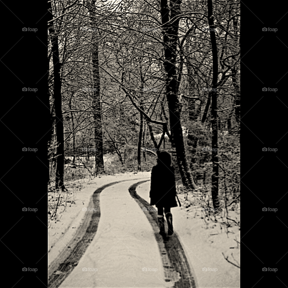 The path less traveled . A person walks alone in the snow 