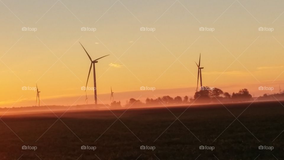 Wind Farm in Fog. Gratiot County Wind Farm at sinrise infog