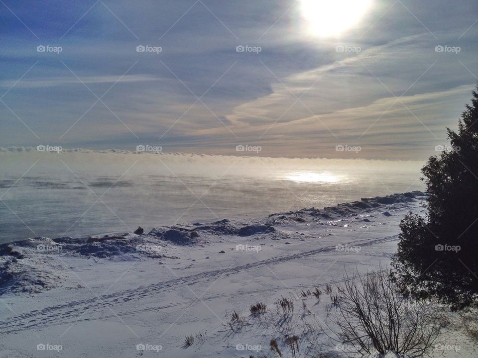 Steam rising off Lake Michigan