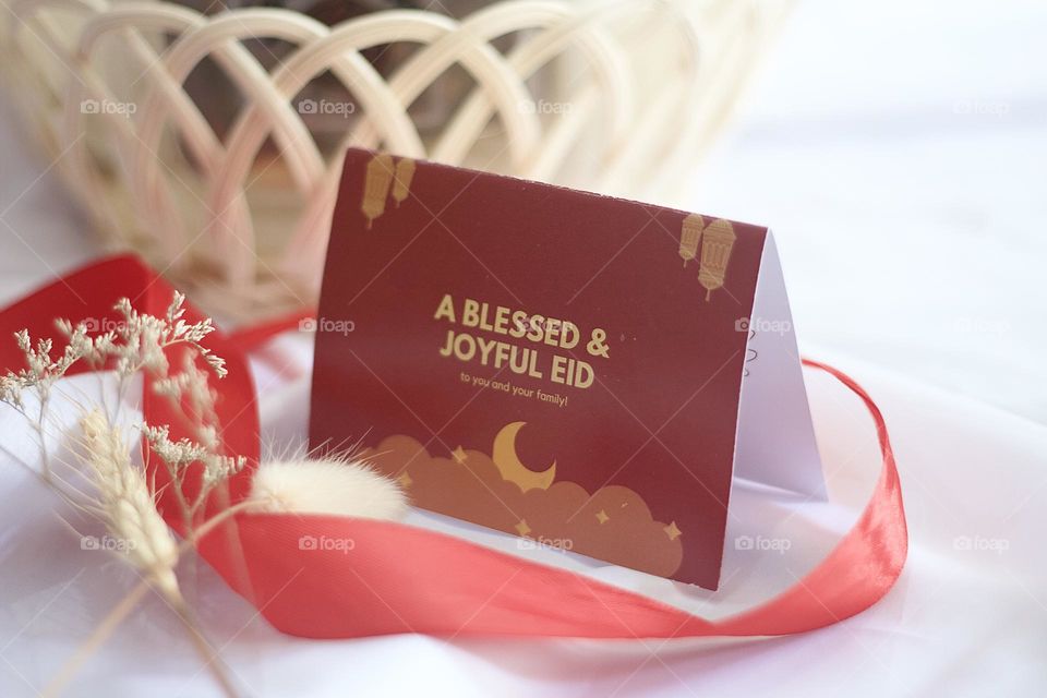 Ramadhan hampers with greetings card and red ribbon. Usually celebrated by the Moslem/Muslim community around the world.
