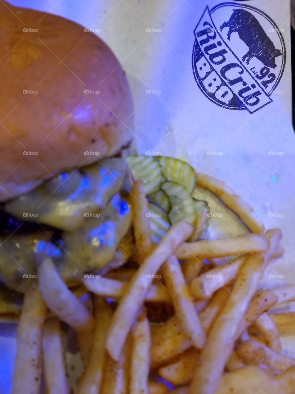 A Mess of French Fries and a Monstrously Thick Double Cheeseburger at the Rib Crib