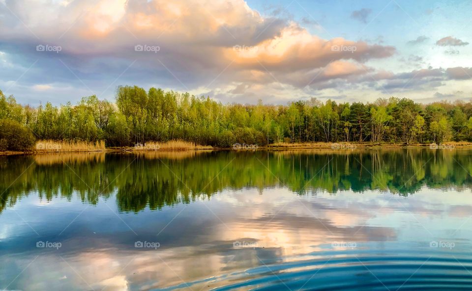 Colorful and dramatic sunrise or sunset landscape showing a lake in the forest with golden lit clouds above and reflected in the water
