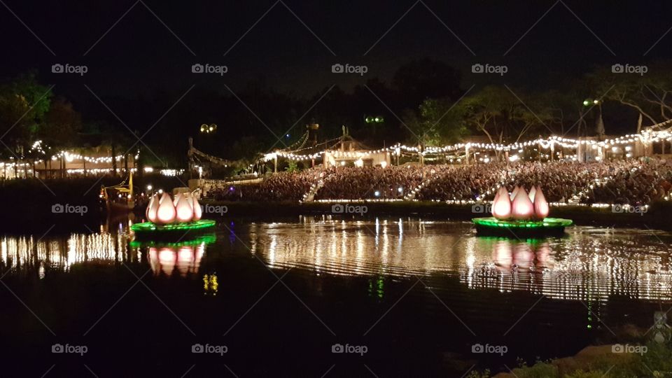 The light from the theater resonates over the water during Rivers of Light at Animal Kingdom at the Walt Disney World Resort in Orlando, Florida.