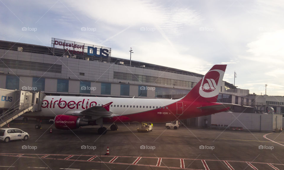 Dusseldorf airport, Germany. An Air Berlin airplane on the runway. View from inside airplane.