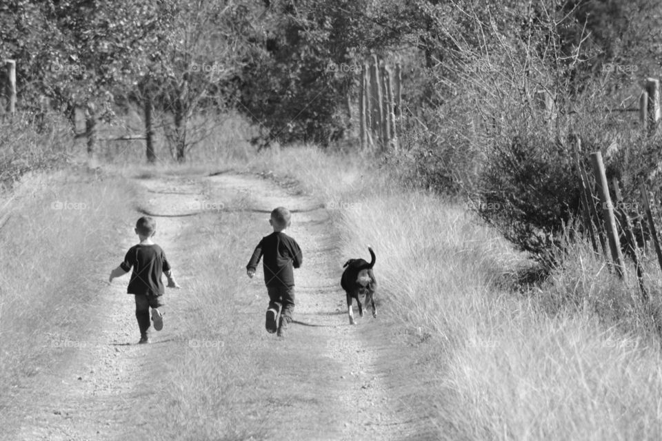 Boys running on a dirt country road on the farm with the dog. Done in black and white.