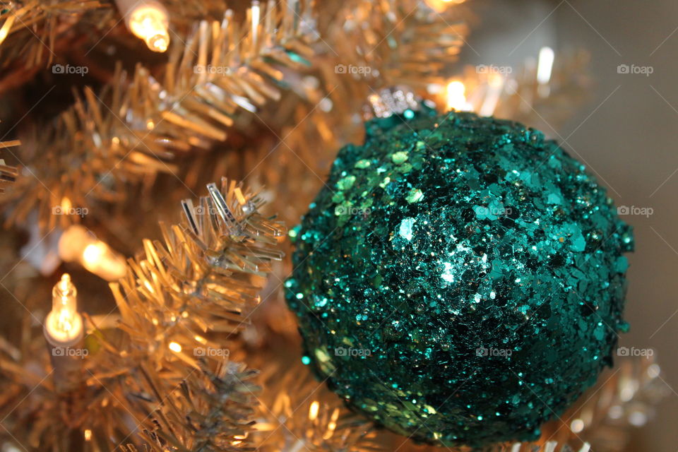 Gold Christmas Tree with Teal Ornaments 