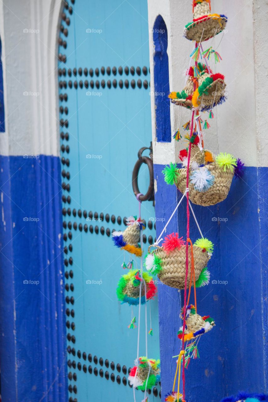 Closed blue door in chefchaouen