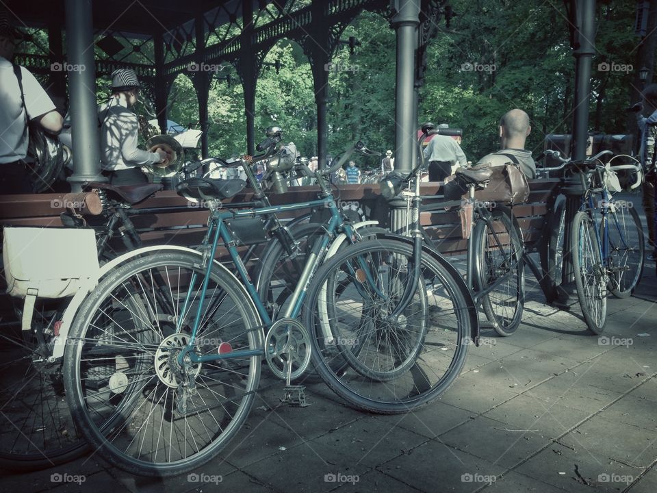 Different bicycles on a vintage bicycles exhibition in Moscow, Russia