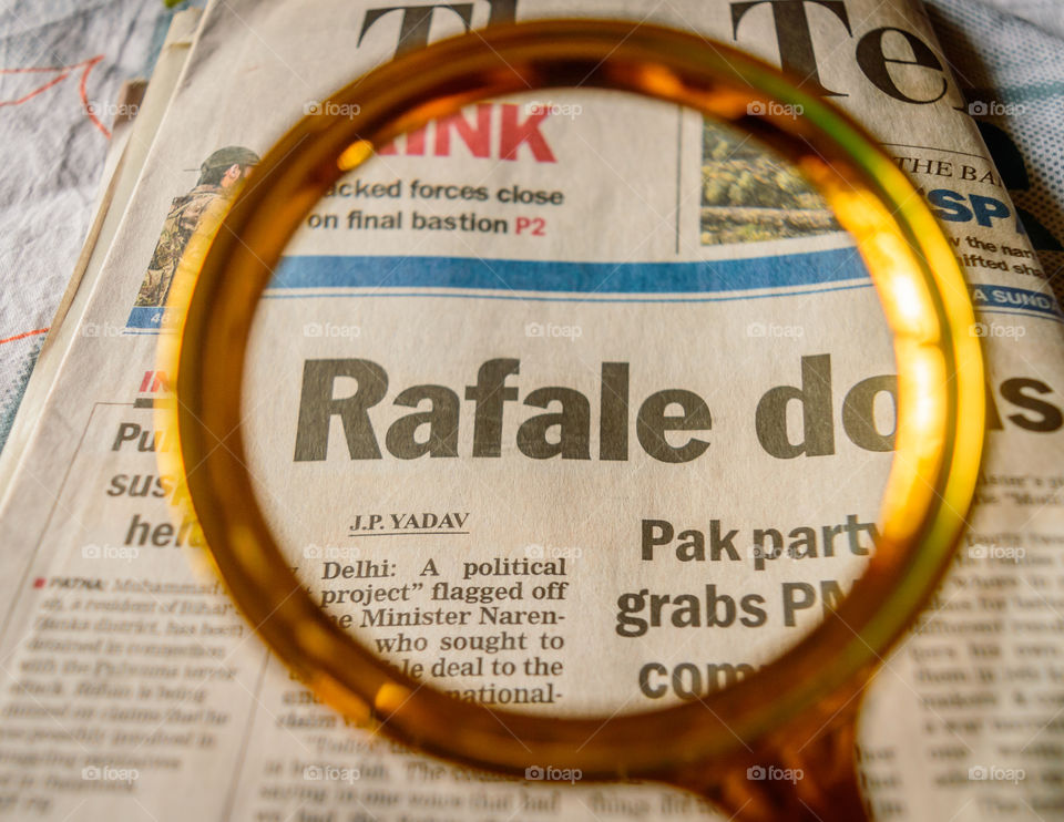 .Kolkata, India, 18th March, 2019: The word Rafale under scanner in an english newspaper.
