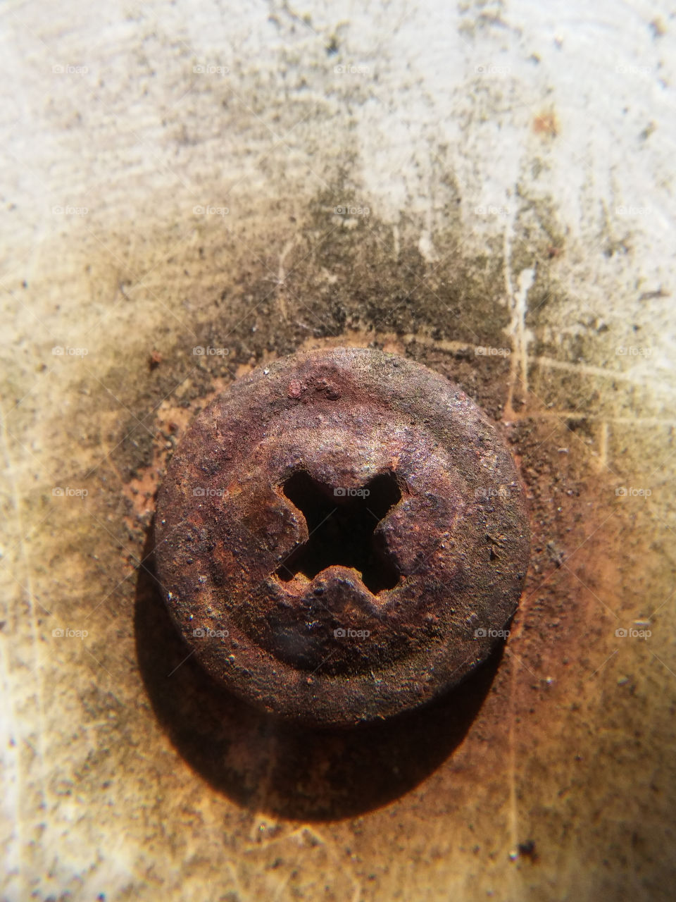 Rusty screw cross type on the dirty bright surface