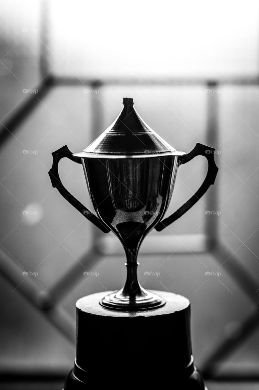 Champion trophy in black and white.
