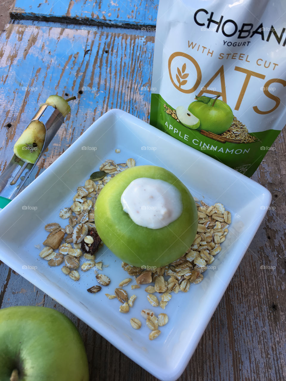 Granny Smith green apple, cored and filled with Chobani Apple Cinnamon with Steel Cut Oats Yogurt ... Yummy to the core!