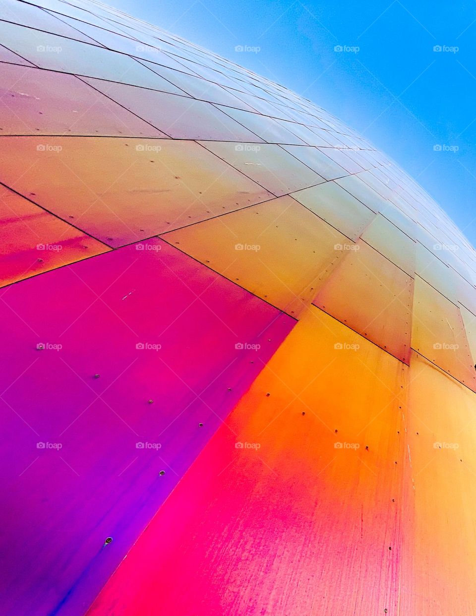 Colored sheet metal paneling in modern art building. MoPop in seattle, Washington 