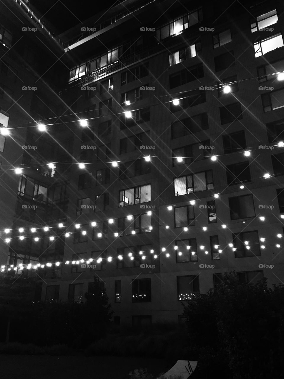 Bright lights strung across the building 