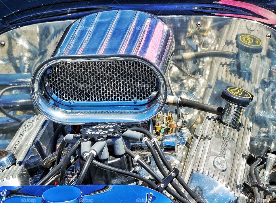 Muscle Car Engine. Detail Of Chrome And Steel Of American Hot Rod Engine
