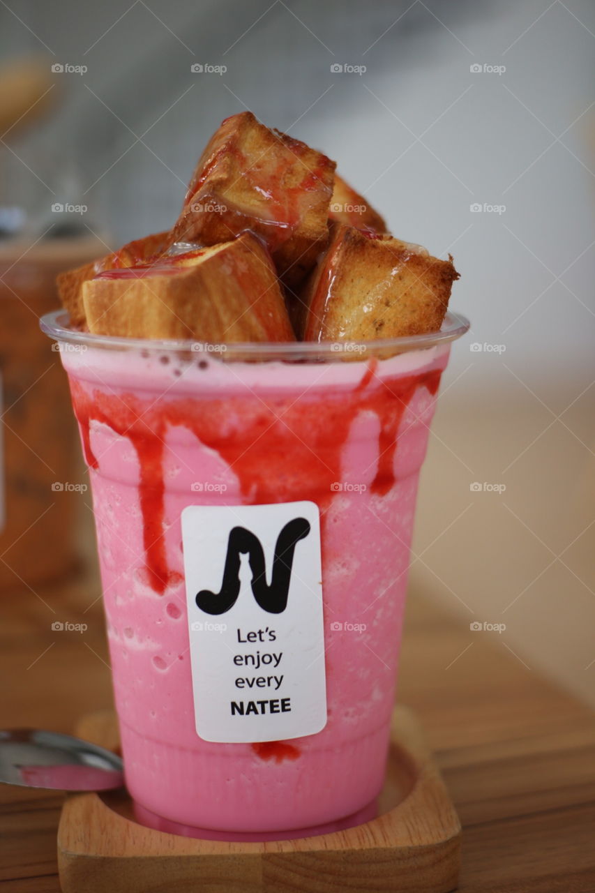 Pink milk with toast