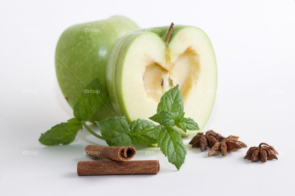 Green apple with mint leaf