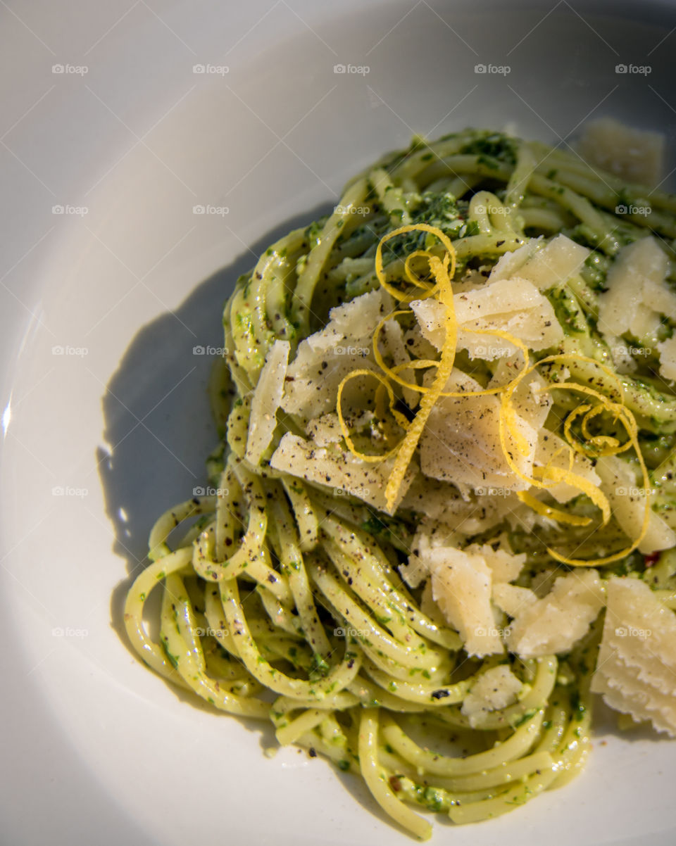 High angle view of green pasta