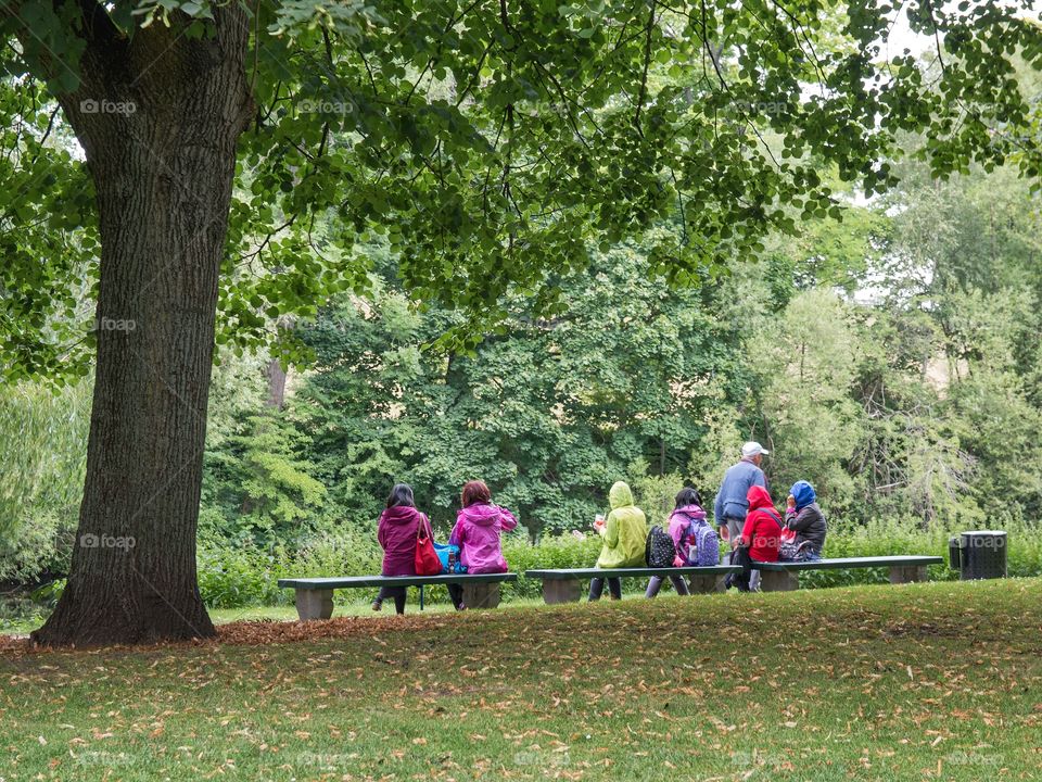 Six women in colorful raincoats sitting in a row on a bench in the park