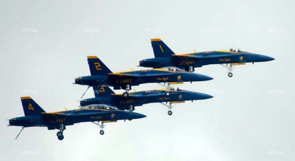 Blue Angel's in flight formation landing gear down .