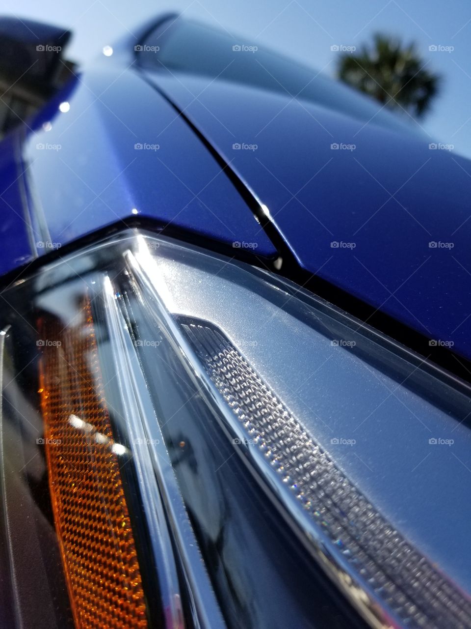 Extreme Close up of the front of a car. Shiny Paint and headlight.