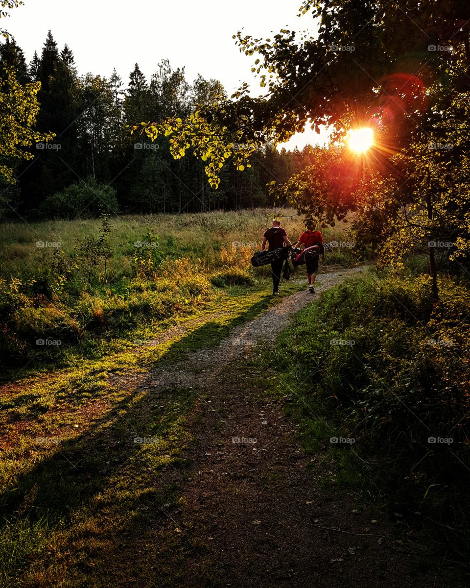 Rear view of golfers walking in forest