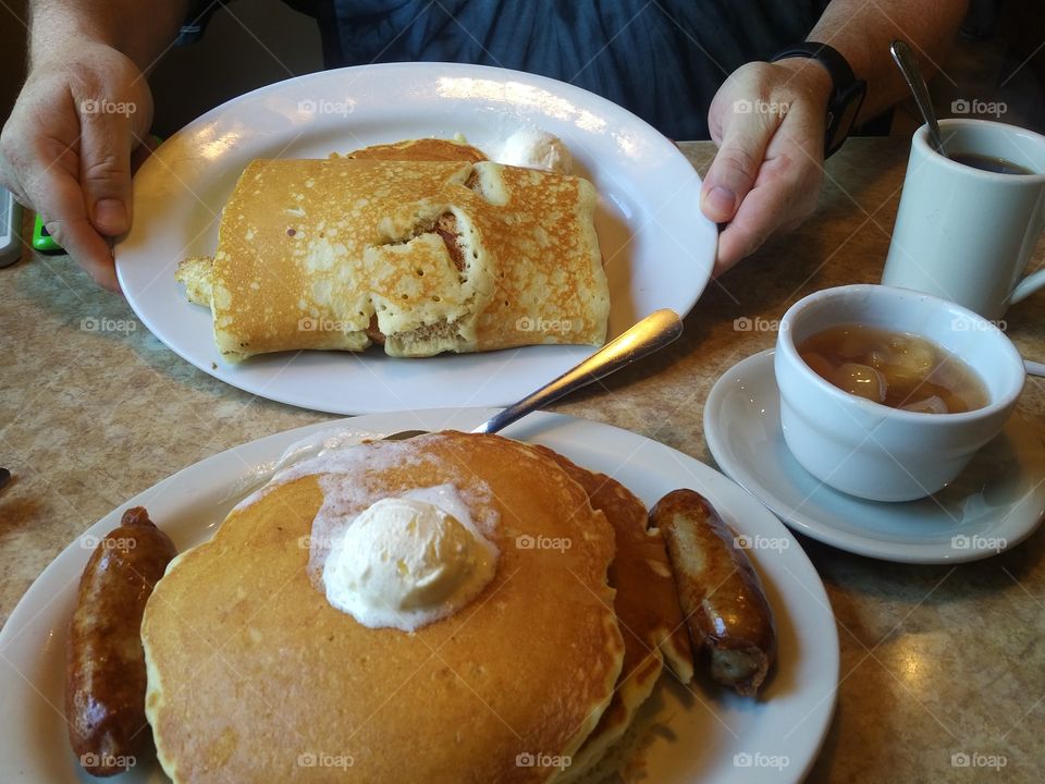 Eating breakfast. Brownstone Diner featured in Food Network's "Diners, Drive-Ins and Dives" pancake